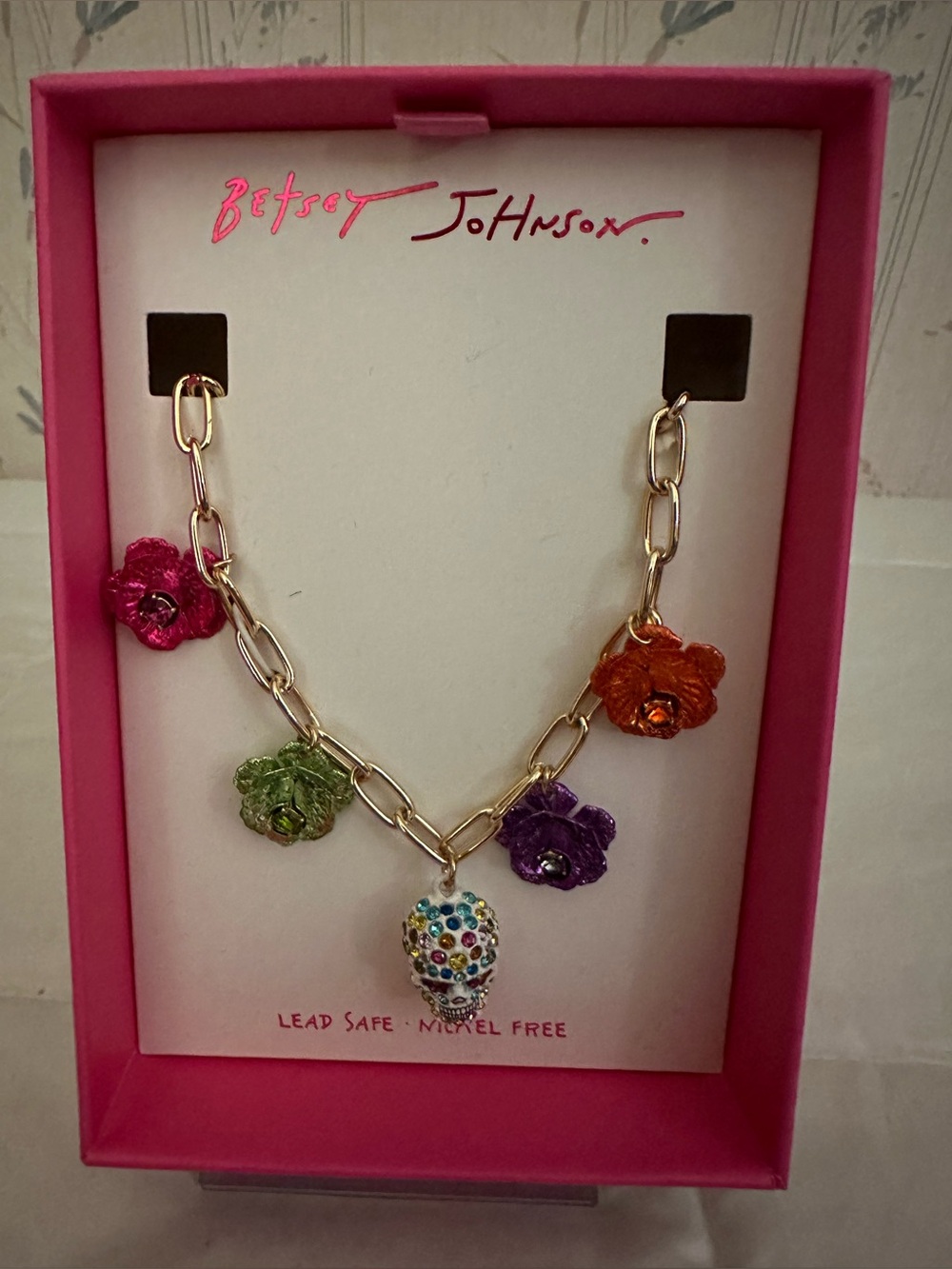 Betsey Johnson Flower & Skull Charm Necklace
